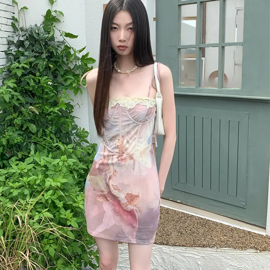 Vintage Printed Lace Fishbone Waist Hip Skirt