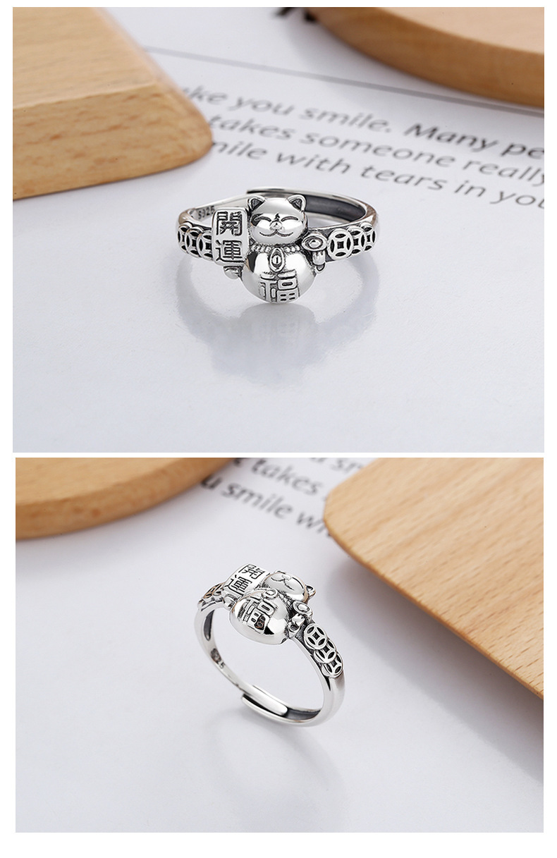 S925 Sterling Silver Vintage Distressed Lucky Cat Ring