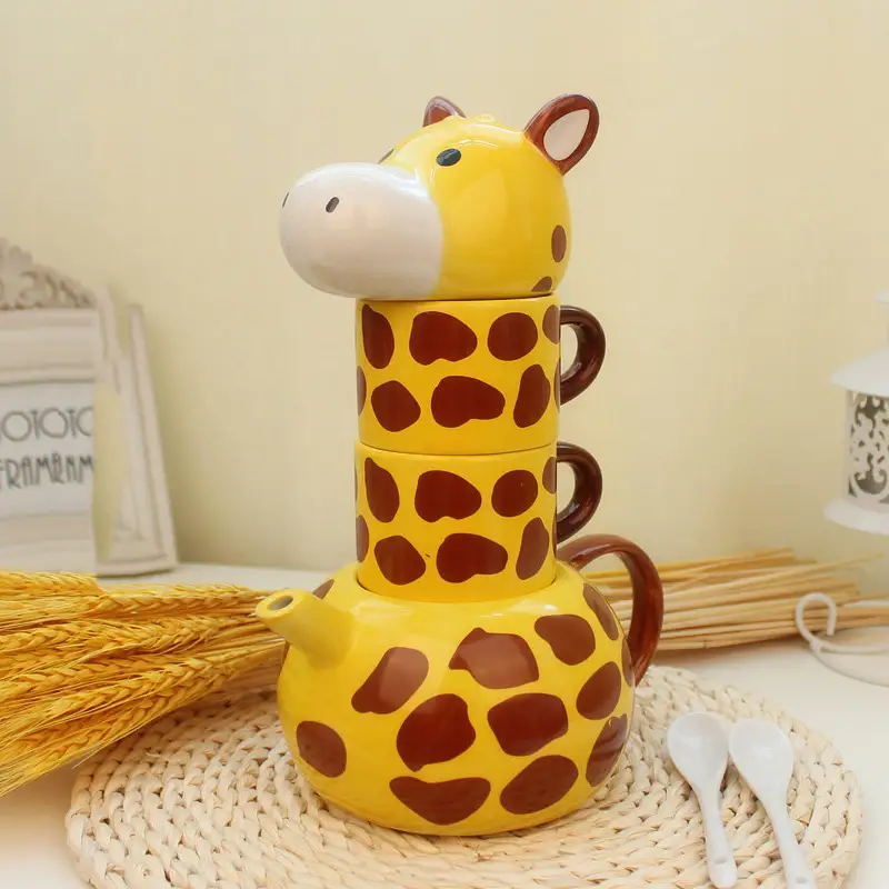 Giraffe Ceramic Tea Pot and Mug Set with Spoons