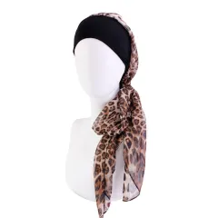 Elastic Wide Brim Hat Turban Wheel Chemotherapy Pre-tied Headgear - Leopard Print - View 1