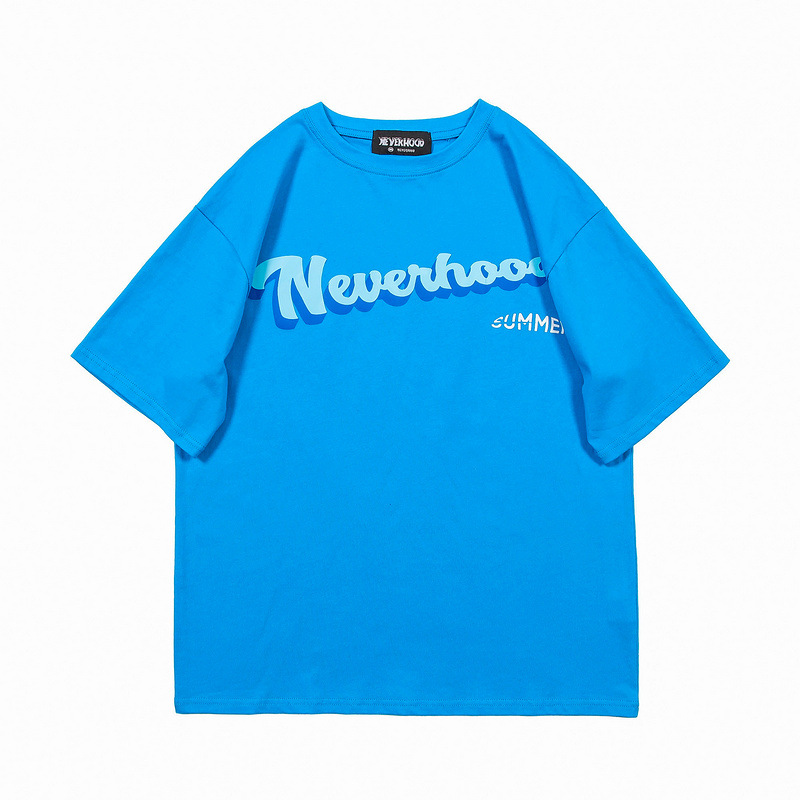 Literary Letters NEVERHOOD Printed European And American Loose Short sleeved Blue - Shop at LoveMi