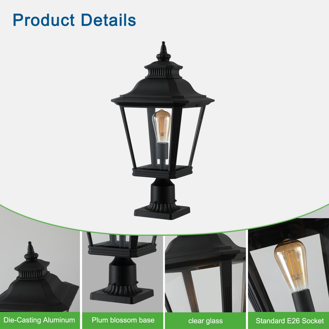 21in H 1-Pack Outdoor Post Lantern Light -Vintage Black Metal & Clear Glass... 8