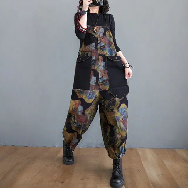 Printed Shoulder Strap Haren Radish Pants Large Loose Jumpsuit Spring And Autumn Abstract Flower - Shop at LoveMi