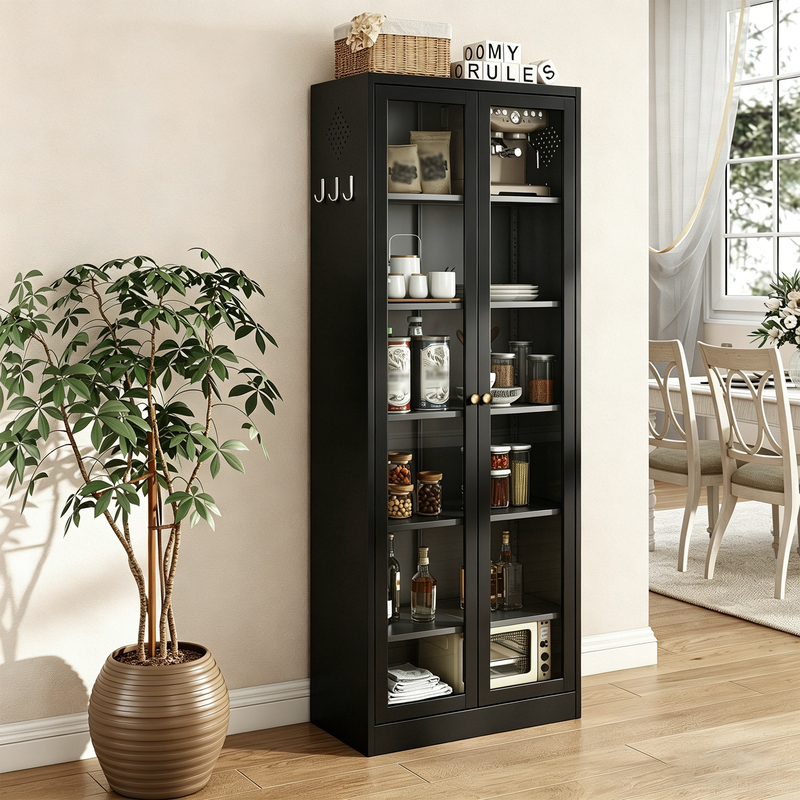 Metal Kitchen Pantry Cabinet - 72in Tall Storage W 5 Adjustable Shelves, Black Freestanding Unit For Kitchen Pantry & Living Room 4