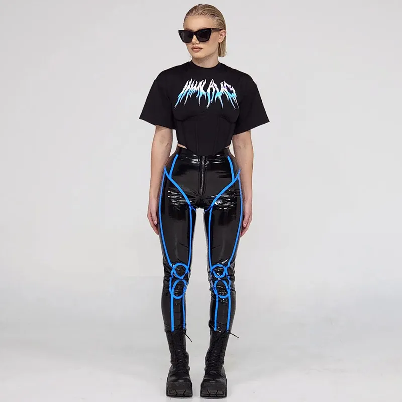 Fashion Women's Motorcycle Cool PU Bright Leather Pants - Black