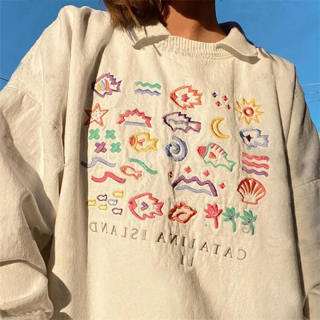 Women's Long Sleeve All match Fish Embroidery Loose Sweater Milky White - Shop at LoveMi