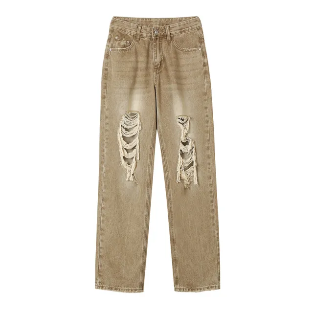 High Waist High Street Denim Retro Casual Straight Trousers Yellow - Shop at LoveMi