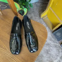 Retro Square Toe Mid-heel Soft Leather Chunky-heel Loafers - Black - View 1