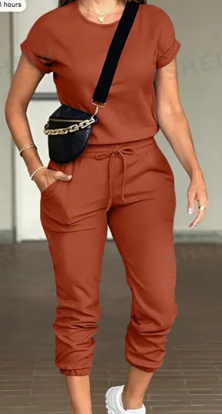 Women Solid Color Round Neck Short Sleeve Top And Drawstring Pocket Long Pants Casual Suit Brown - Shop at LoveMi