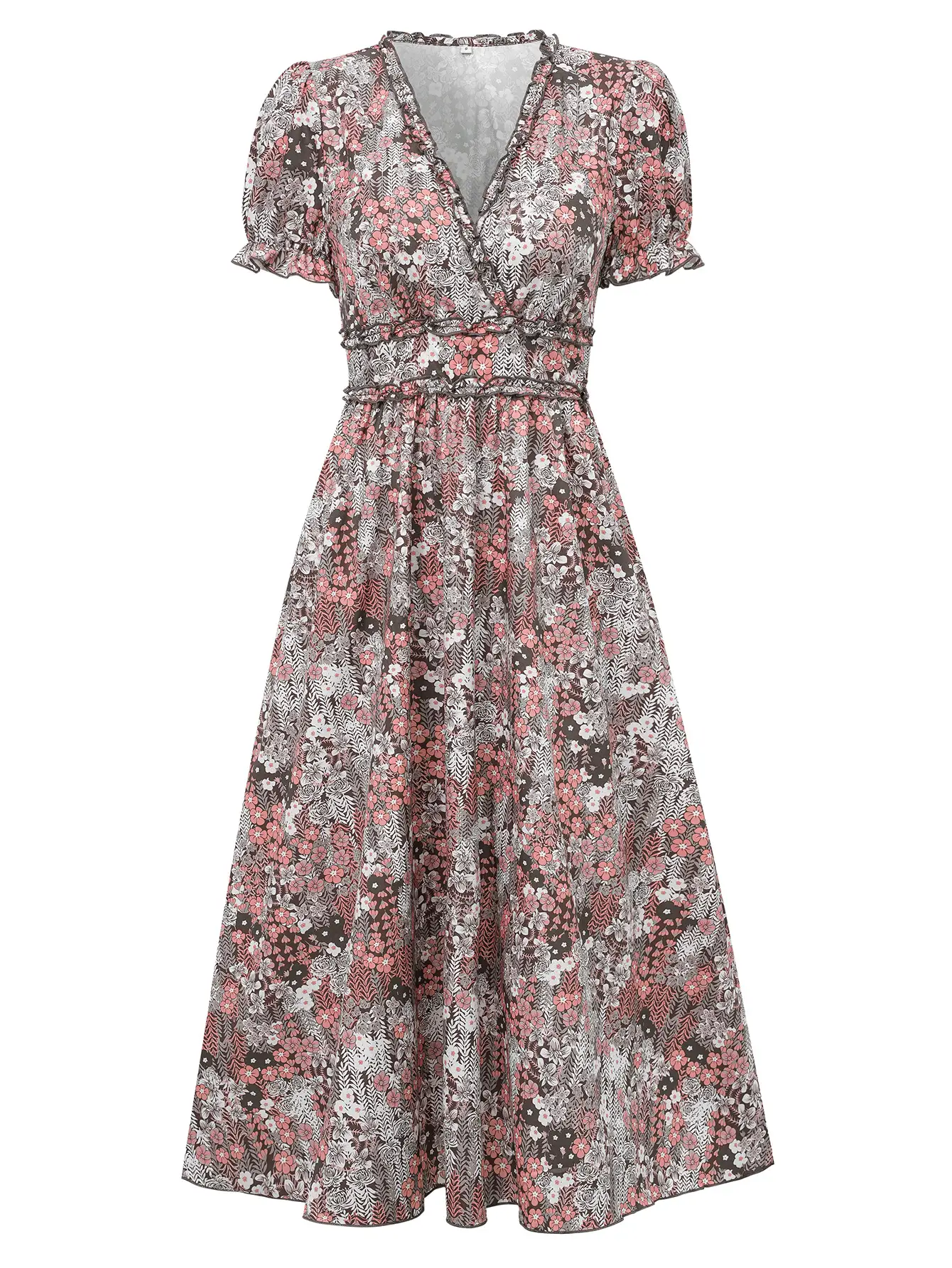 Women's V-neck Waist Trimming Printing Short-sleeved Dress