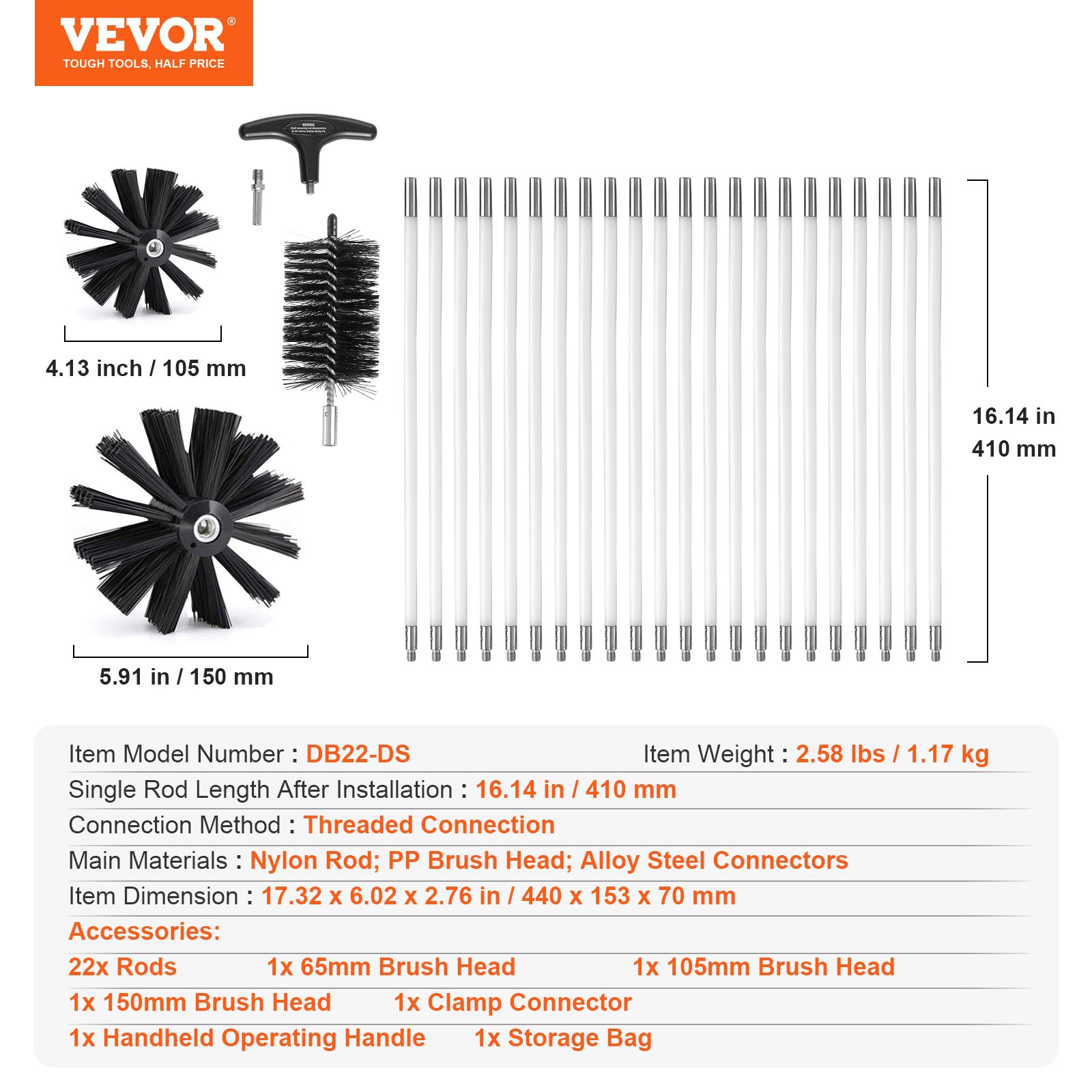 VEVOR DB22-DS-set met witte verlengstangen, drie zwarte borstelkoppen en een handgreep.