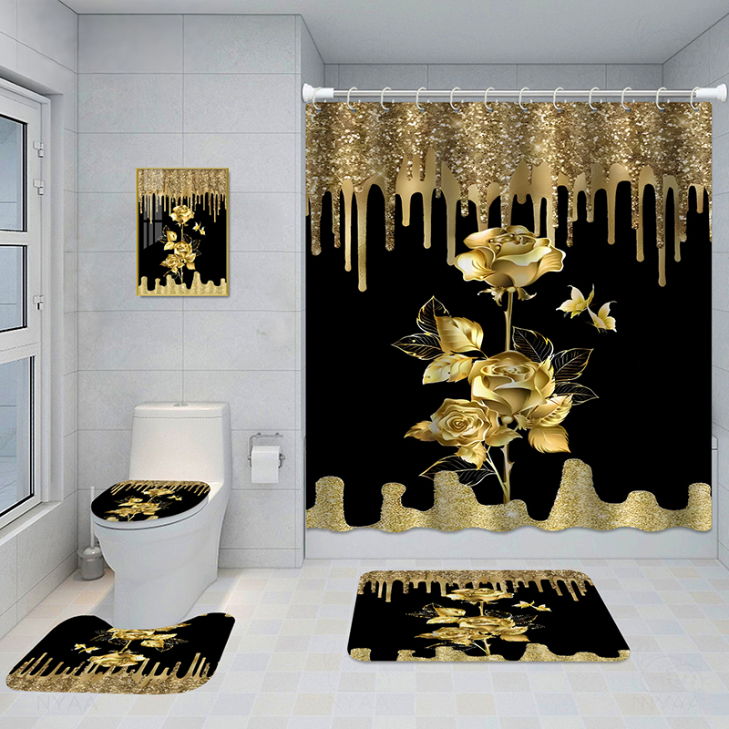 Bathroom Five-piece Set, Shower Curtain, Three-piece Mat Set, Aluminum Alloy Decorative Painting