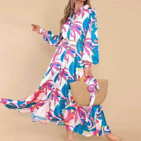 New Printed Dresses Long-sleeved Polo Collar Oversized Hem Women