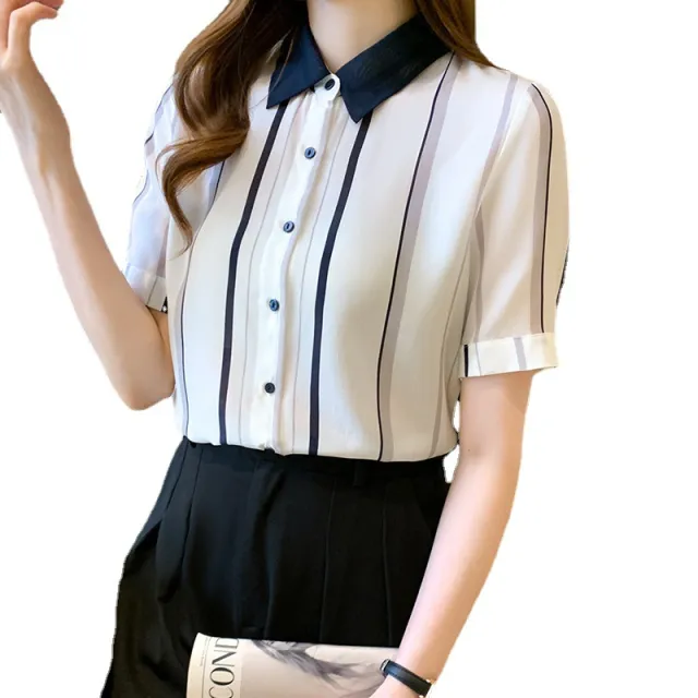 Women's New Style Contrast Color Striped Short Sleeve Shirt Stripe - Shop at LoveMi