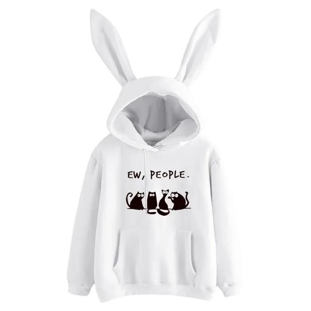 New Rabbit Ears Print Ladies Cute Long sleeved Hooded Sweater Fleece White - Shop at LoveMi