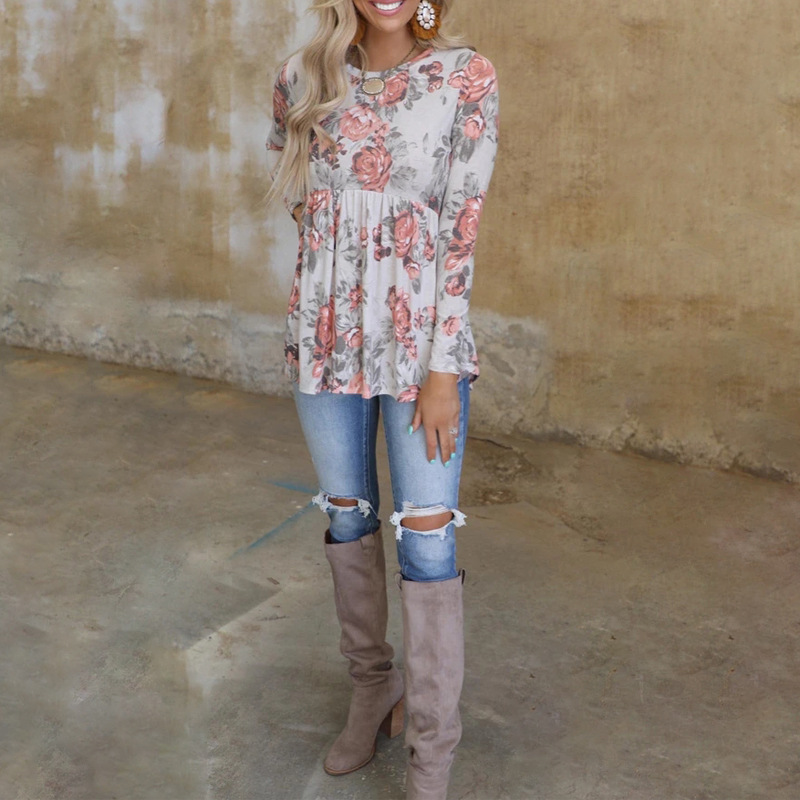 European And American Flower Print Long-Sleeved Round Neck T-Shirt Top