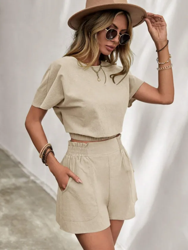Women's Casual Breathable Short Sleeved Set Apricot - Shop at LoveMi