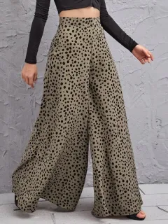 Loose High Waist Leopard Print Drape Trousers Swing Leg Pants - Green - View 1