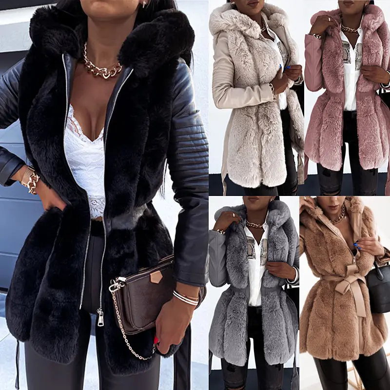 New Style Fur Belt Hooded Zipper Jacket Women's Clothing