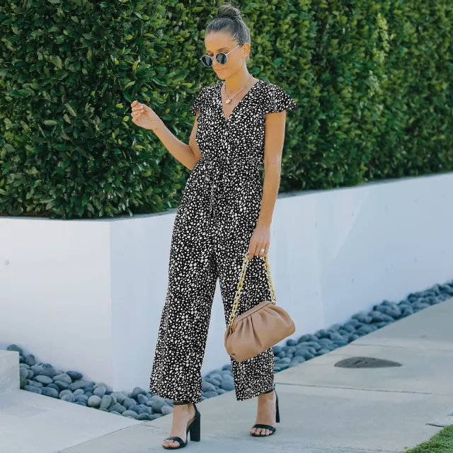 V neck Floral Chiffon Jumpsuit Wide leg Pants Black - Shop at LoveMi
