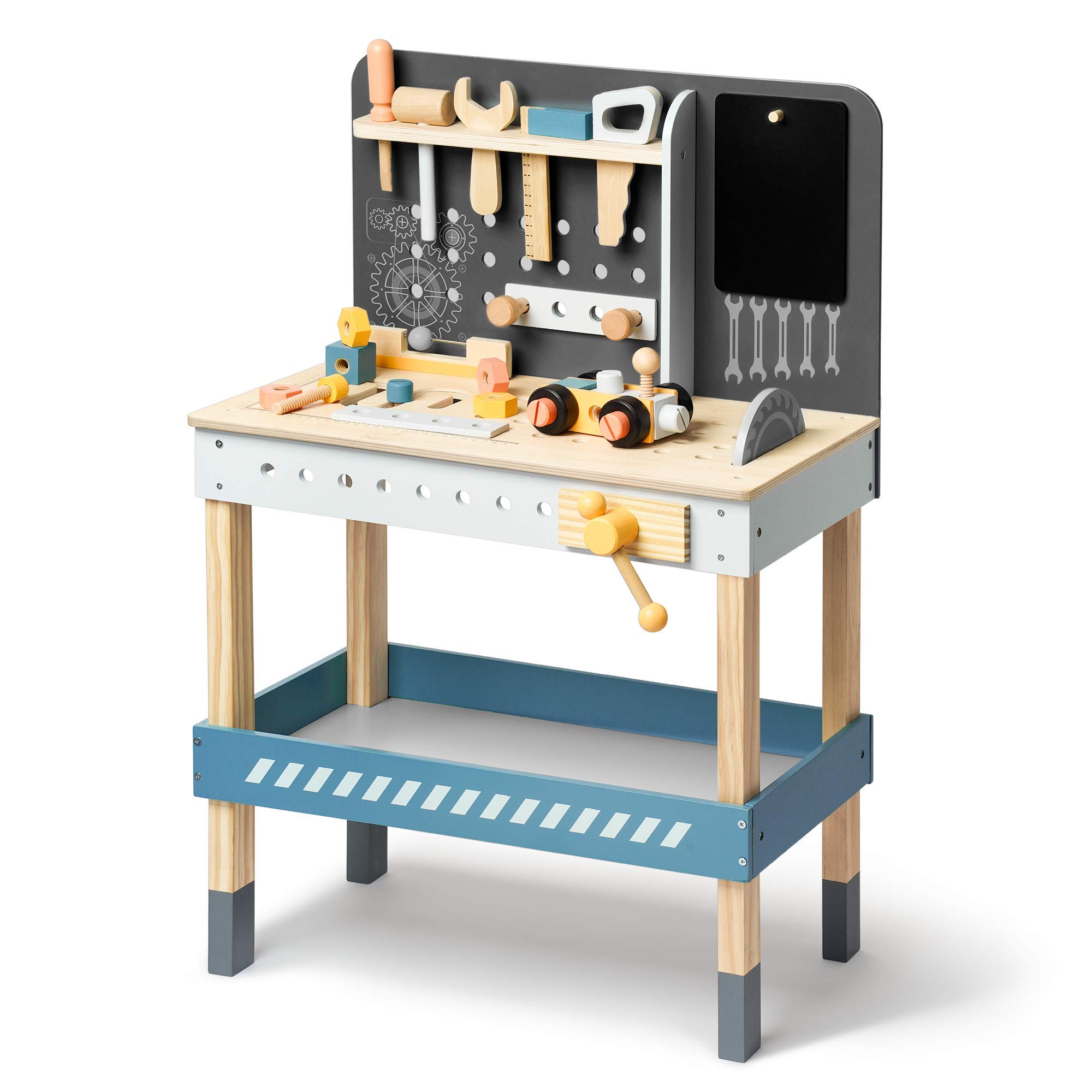 Kids Wooden Tool Bench with Tools Set Wooden Baby Workbench Workshop Brand Name ROBOTIME Material Wood Size 22 x 11.8 x 33.9 inches Weight 14.56 pounds Product Features Education and Games Safety instrument Wooden worktable set with tools Large storage sp