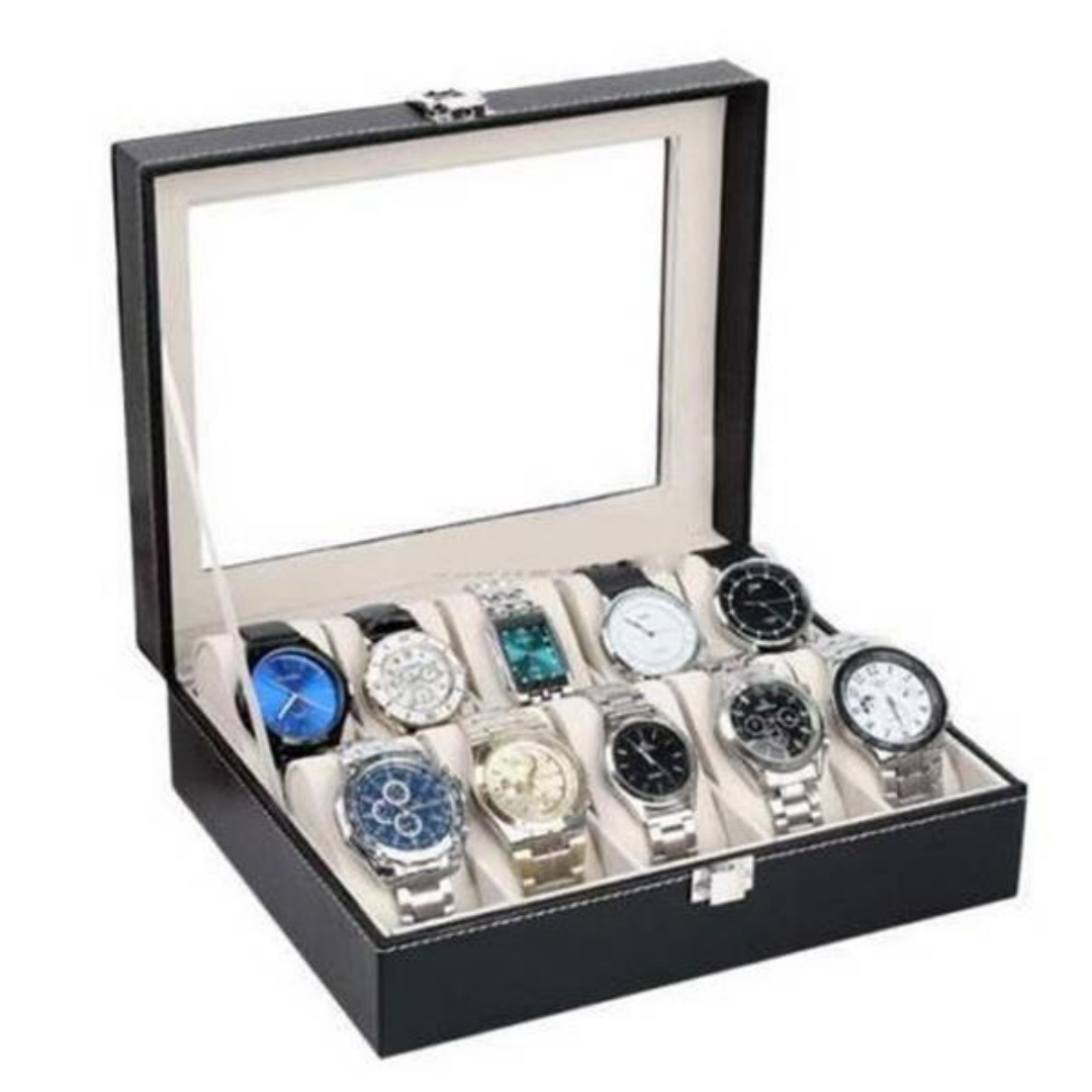 10 Compartments High-grade Leather Watch  Storage Box Black