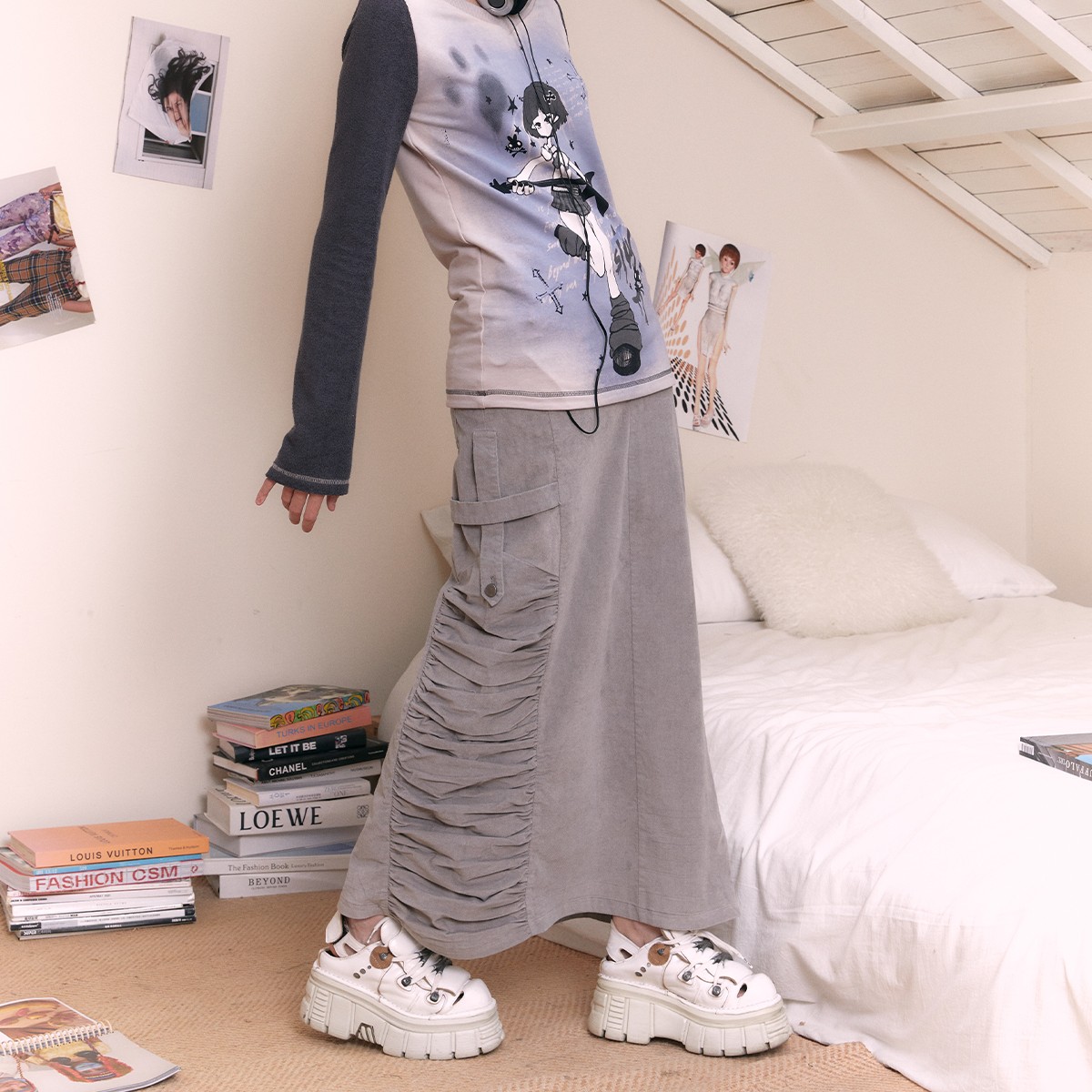 Grey Corduroy Pleated Legless Dress