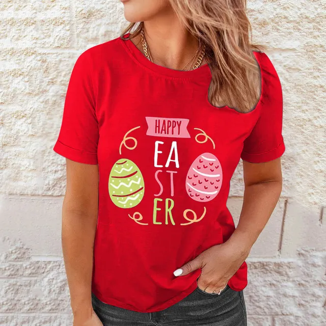 Shirts Women Easter Printed Casual Blouses Short Sleeve Tees Red - Shop at LoveMi