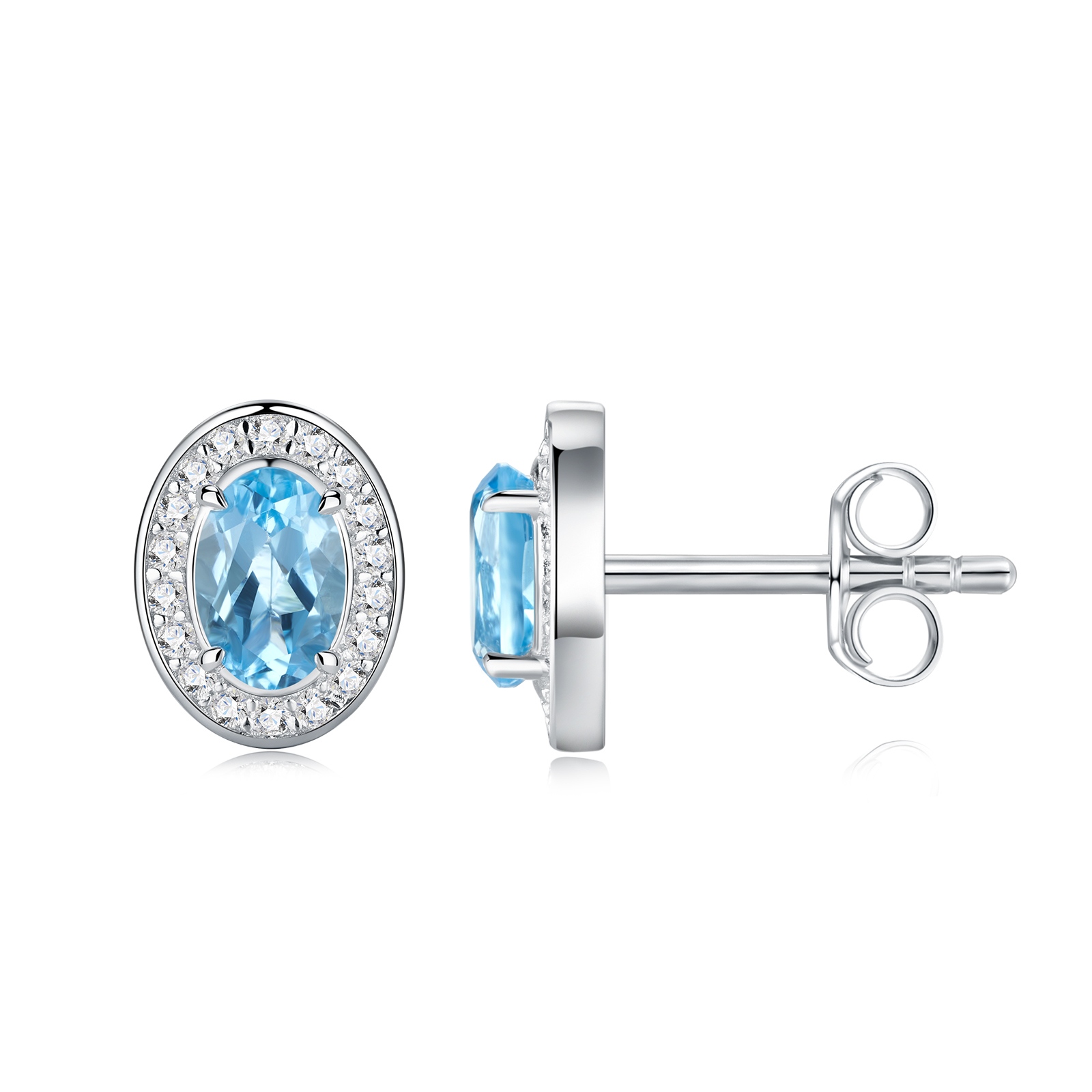 1.65g S925 Sterling Silver Halo Stud Earrings For Women Oval Cut Blue Topaz & Moissanite, Platinum Plated Jewelry Gift Box Set