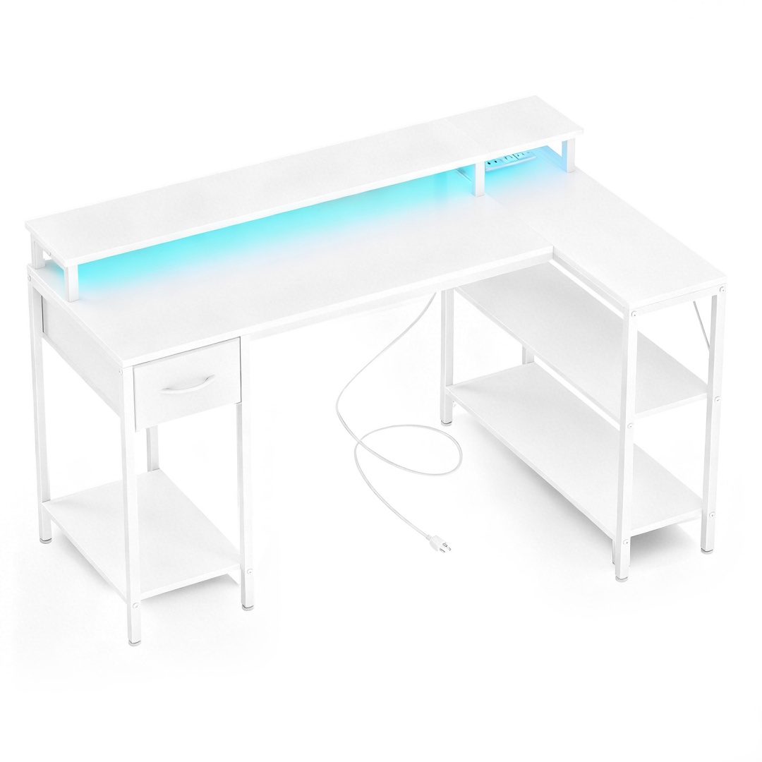 53-inch Gaming Table With USB Charging Port And LED Light, Reversible L-shaped Table With Power Socket And Monitor Stand image 4
