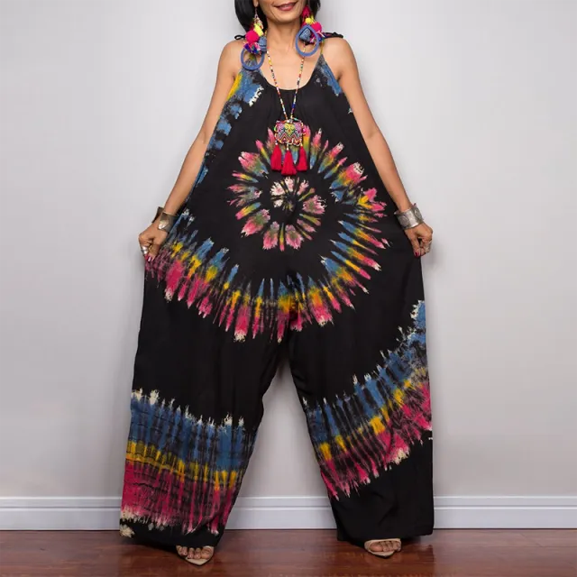 Tie Dye Print Wide Leg Tie Up Loose Jumpsuit D S - Shop at LoveMi