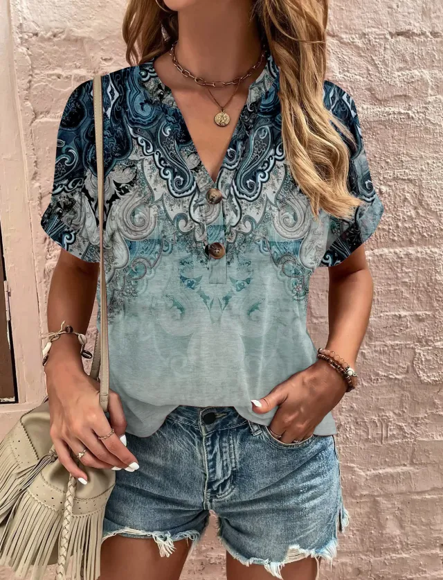 Printed Twisted Button Fashionable Short Sleeved Women Blue - Shop at LoveMi