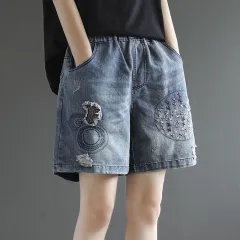 Women's Vintage Ripped High Waist Denim Shorts - 913Embroidery-S - View 1