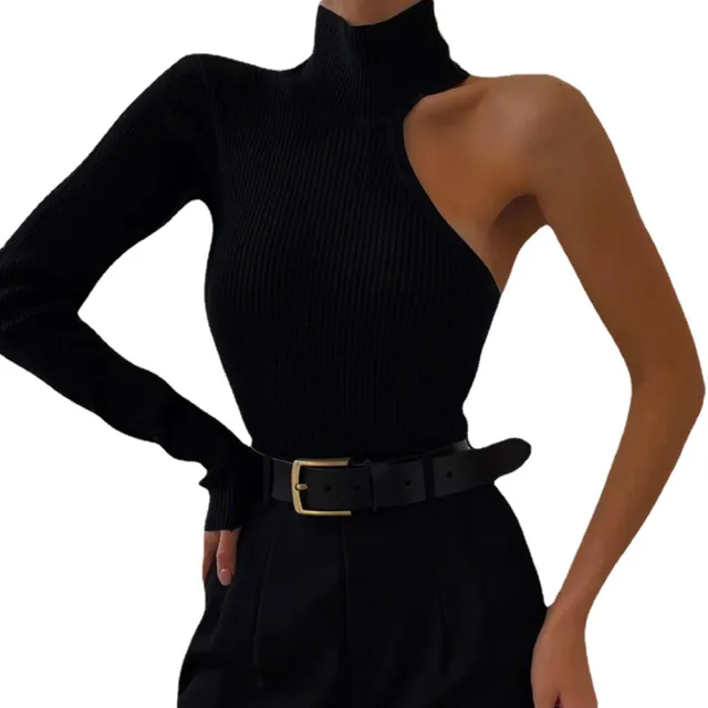 Women's Fashion One Shoulder Long Sleeve Round Neck Slim Solid Color Bodysuit Black - Shop at LoveMi