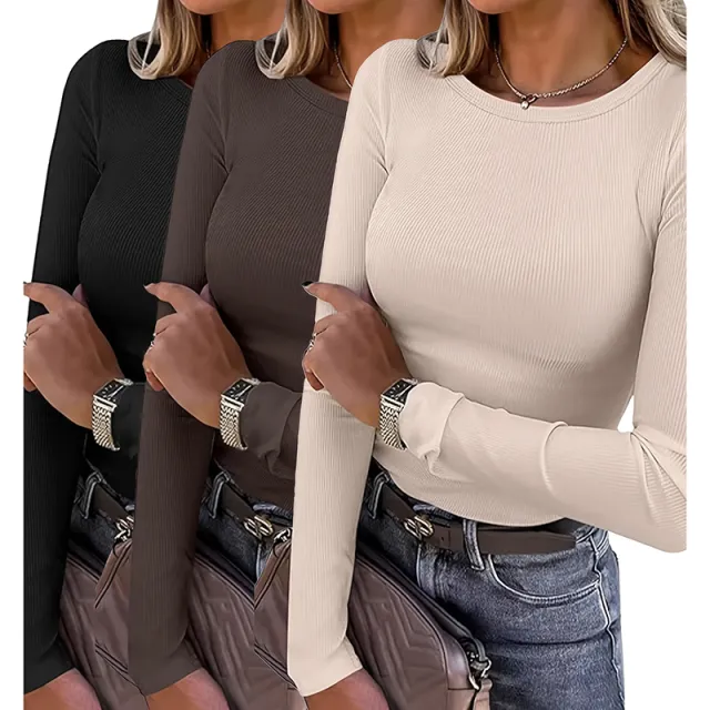 3 Pack Women's Long Sleeve Shirts, Crew Neck Ribbed Tops Slim Fit Casual Knit Tees Stretch Basic T Shirts Black Brown Apricot - Shop at LoveMi