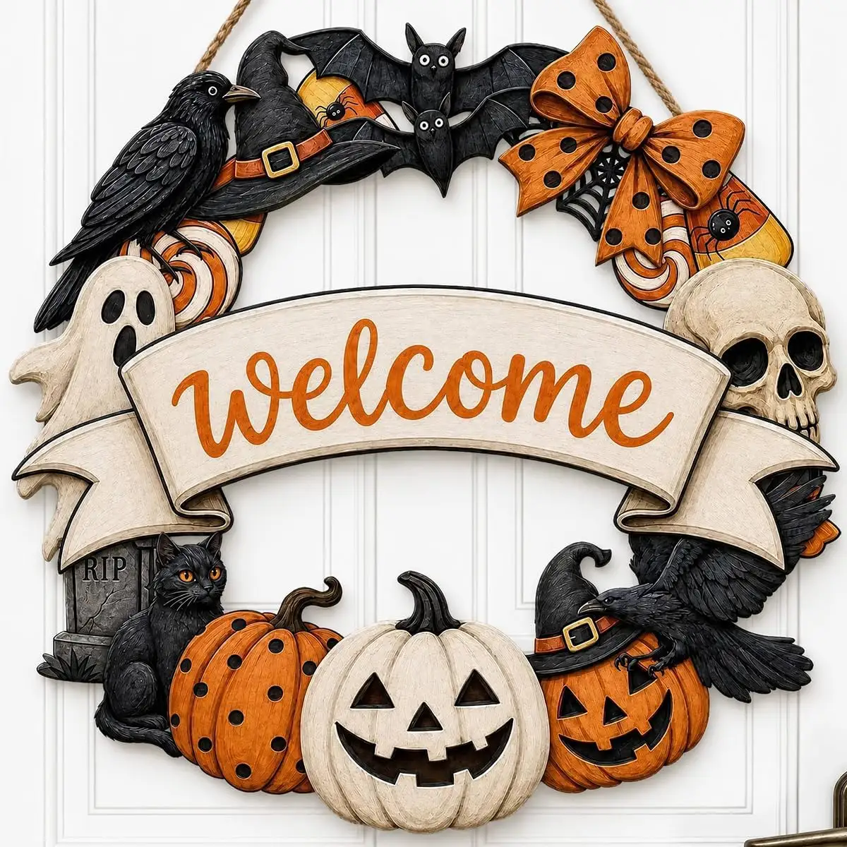 Halloween Welcome Wreath For Front Door, Wooden
