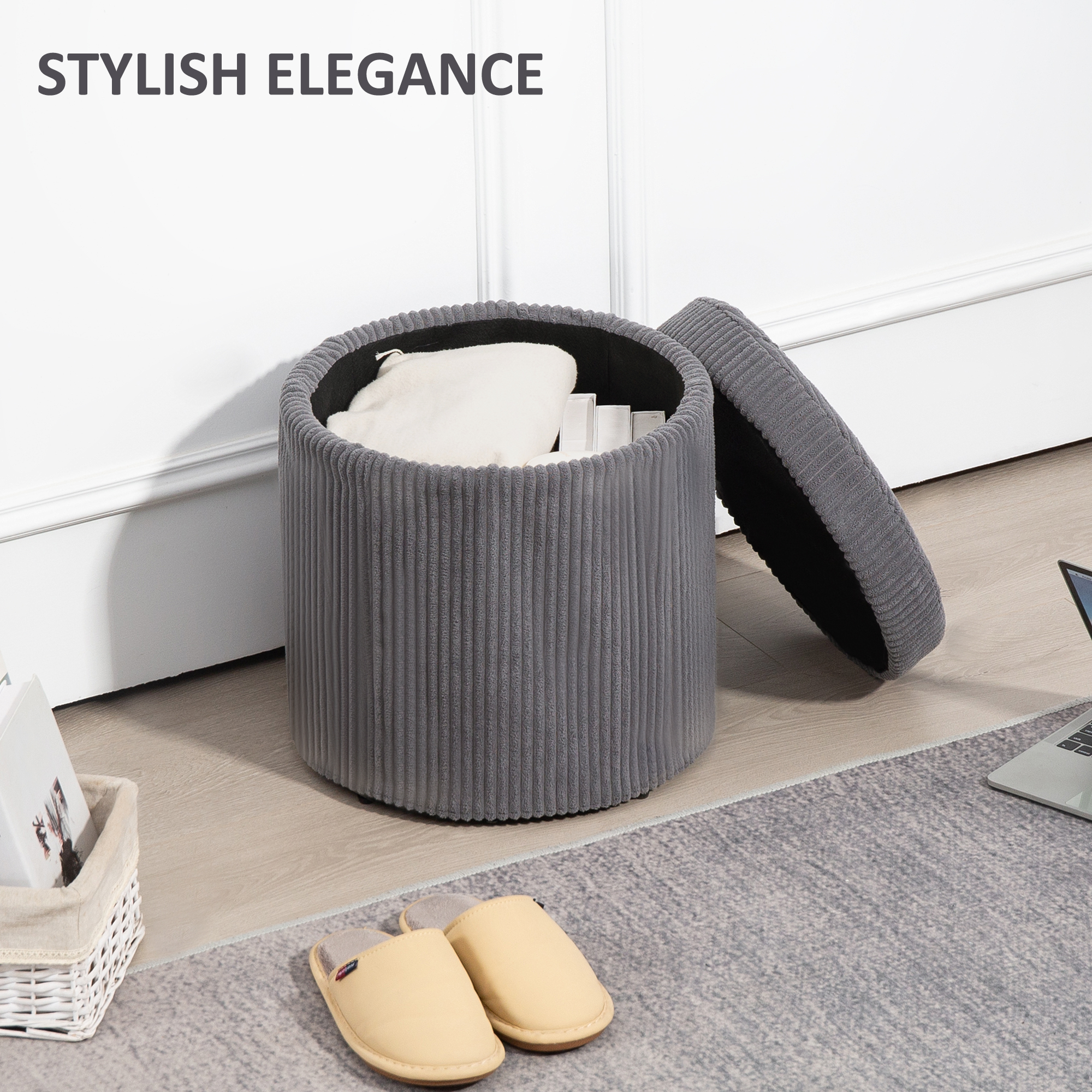 40cm Round Storage Footstool, Made Of Corduroy Material, With Detachable Lid — image 6