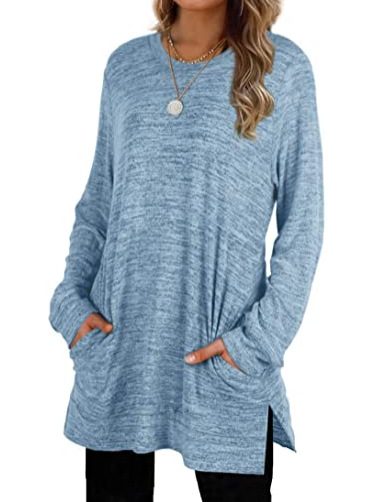 Title 3, Casual Loose Round Neck Pocket Long Sleeved Mid...