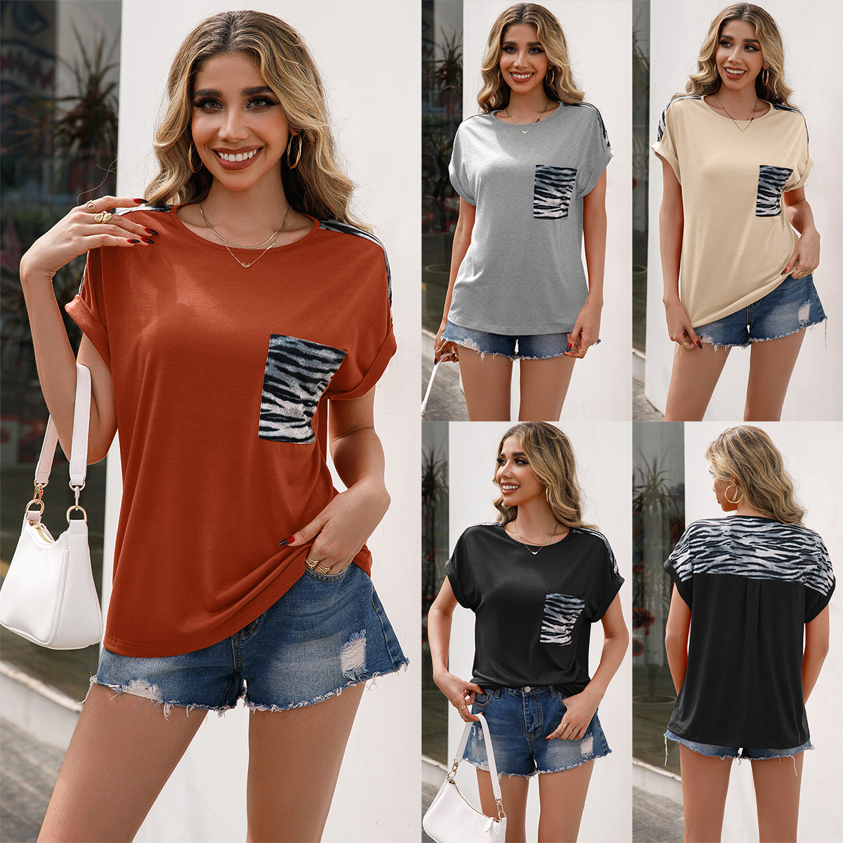 Loose Crew Neck Leopard Panel Short Sleeve T-Shirt