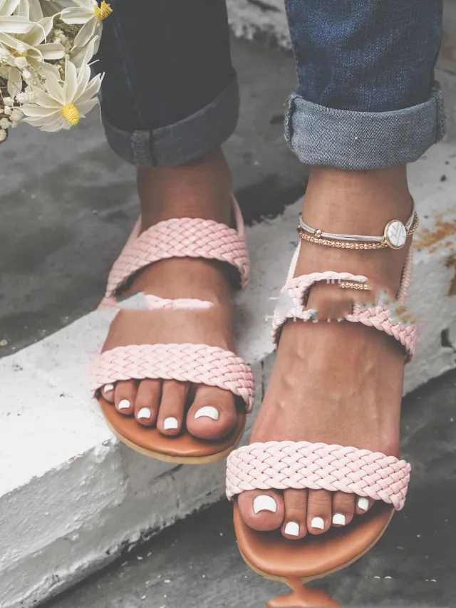 Summer Open toed Straw Woven Casual Ladies Flat Low Sandals Pink - Shop at LoveMi