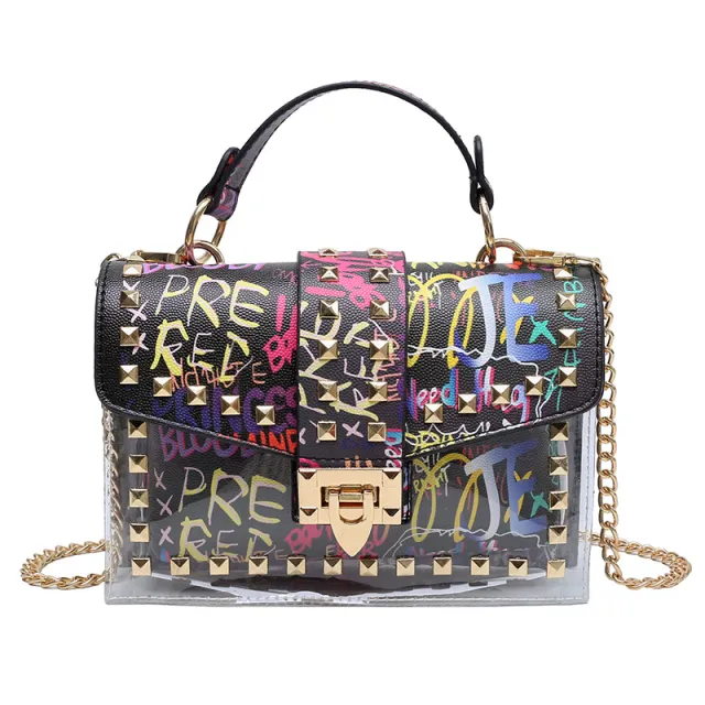 Studded Graffiti All match Picture And Mother Shoulder Messenger Bag Black - Shop at LoveMi