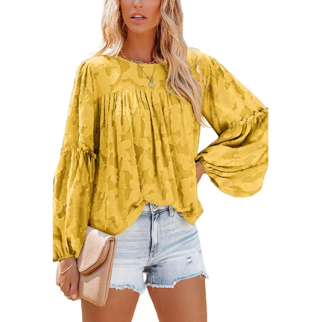 Loose Puff Sleeve Solid Color Round Neck Pullover Long Sleeve Top Yellow - Shop at LoveMi