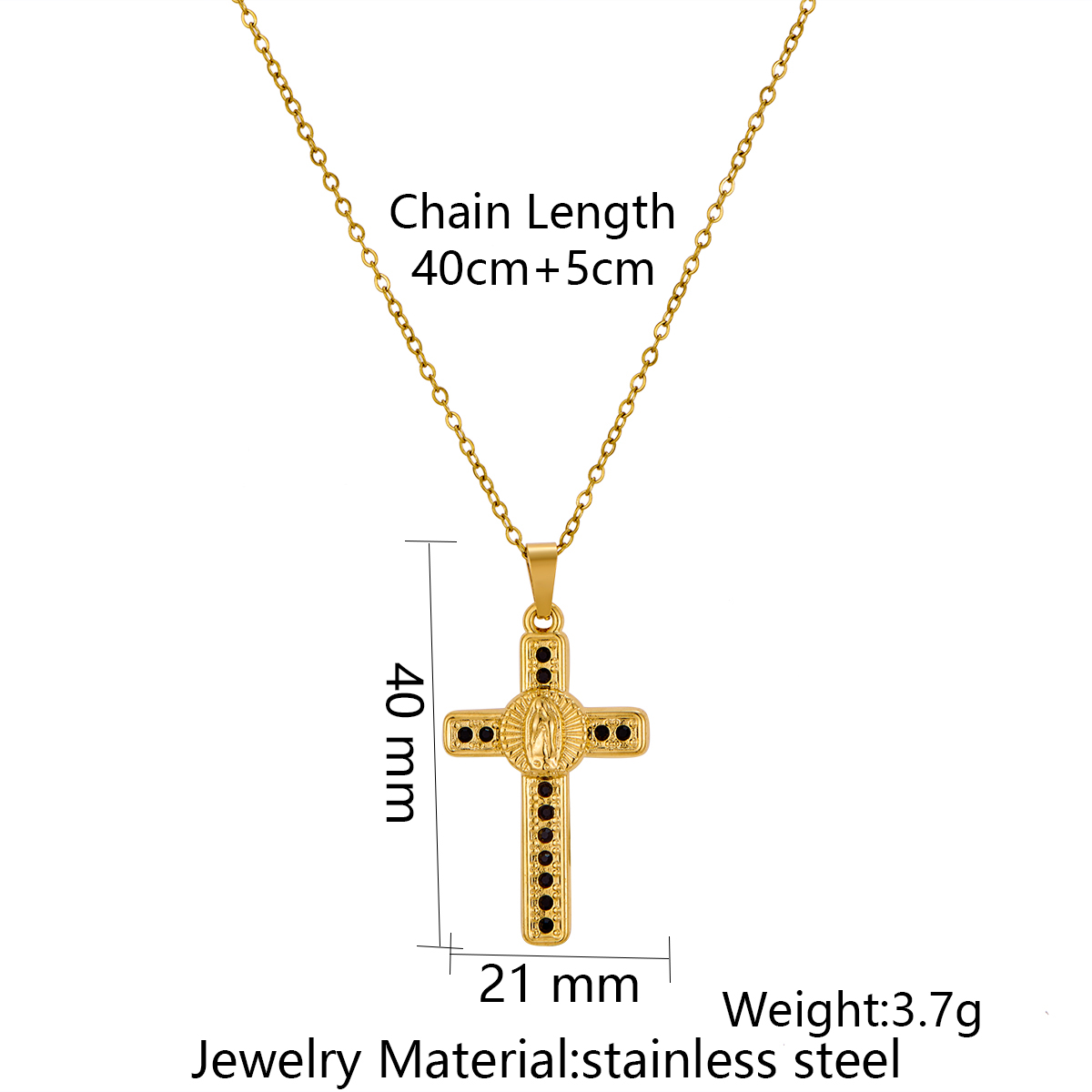 Stainless Steel Cross Pendant Necklace With Rhinestone Inlay