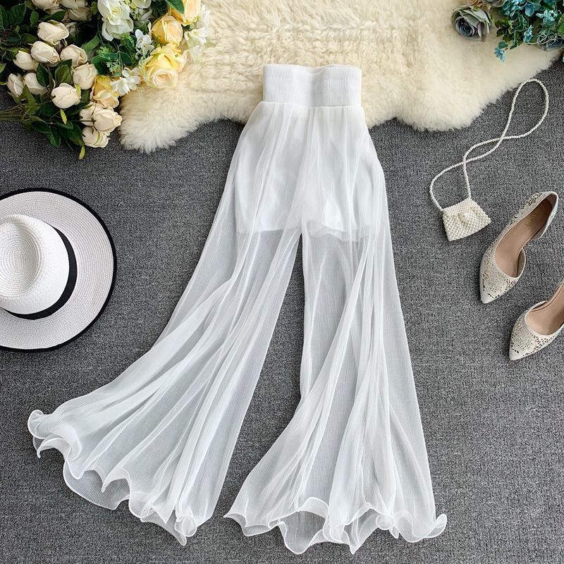 Women's Ruffle Fishtail Stretch Pleated Flared Pants