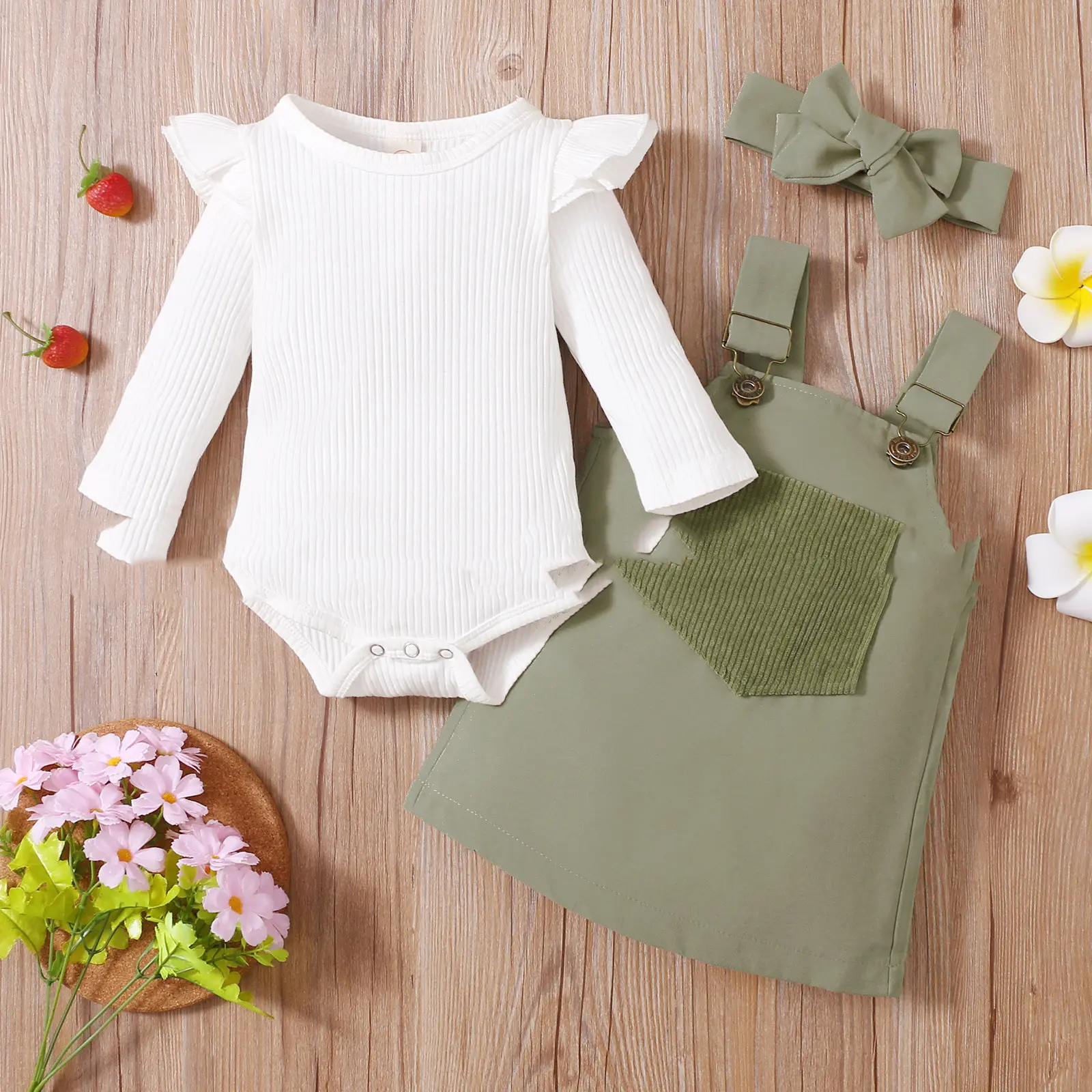 Ins Popular Pure Cotton Sunken Stripe Suspender Skirt Romper Three-piece Set