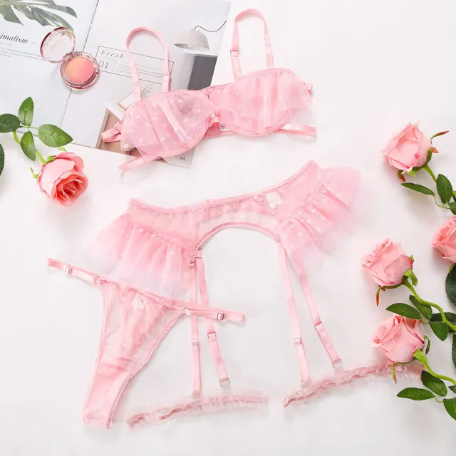 Sexy Underwear Complex Craft Lace Lace Garter Three piece Set Pink - Shop at LoveMi