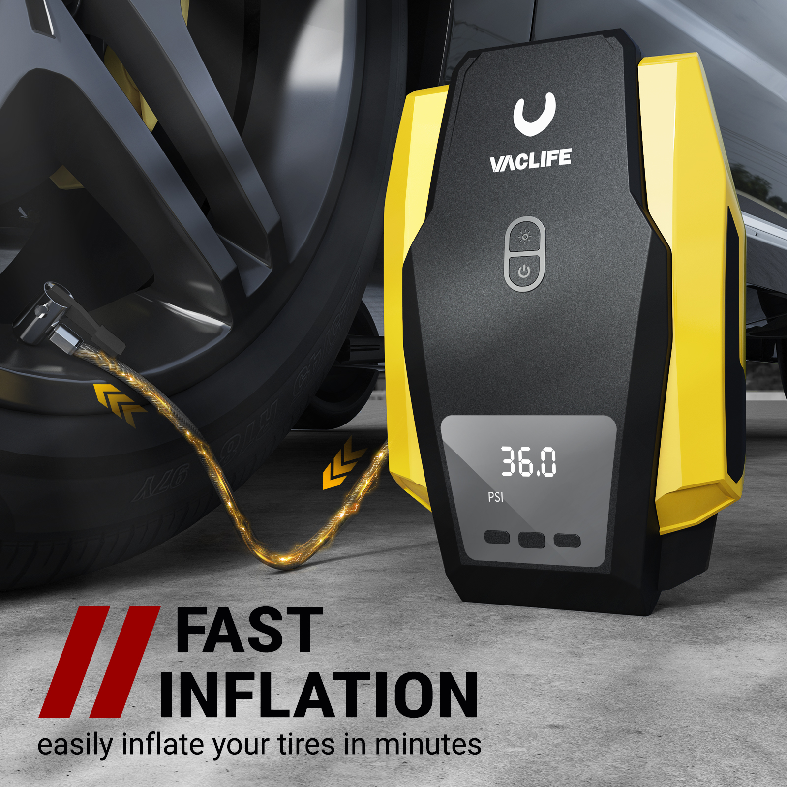 Portable air compressor tire inflator for car tires and bicycles, with LED light and digital pump option.