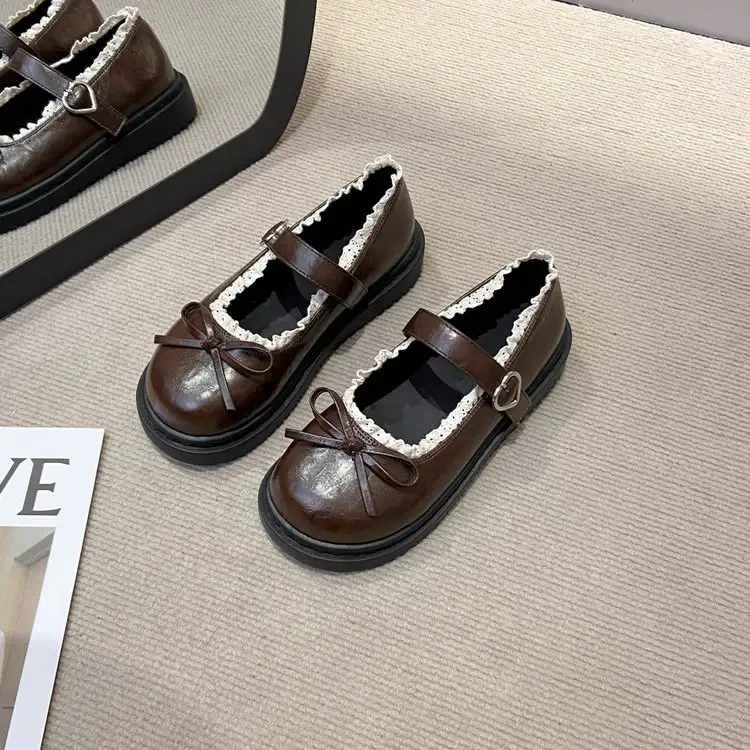 Women French Round Toe Mary Janes Versatile One Word Lace College Style JK Thick Sole Flat Pumps Leather Shoes For Dress Matching