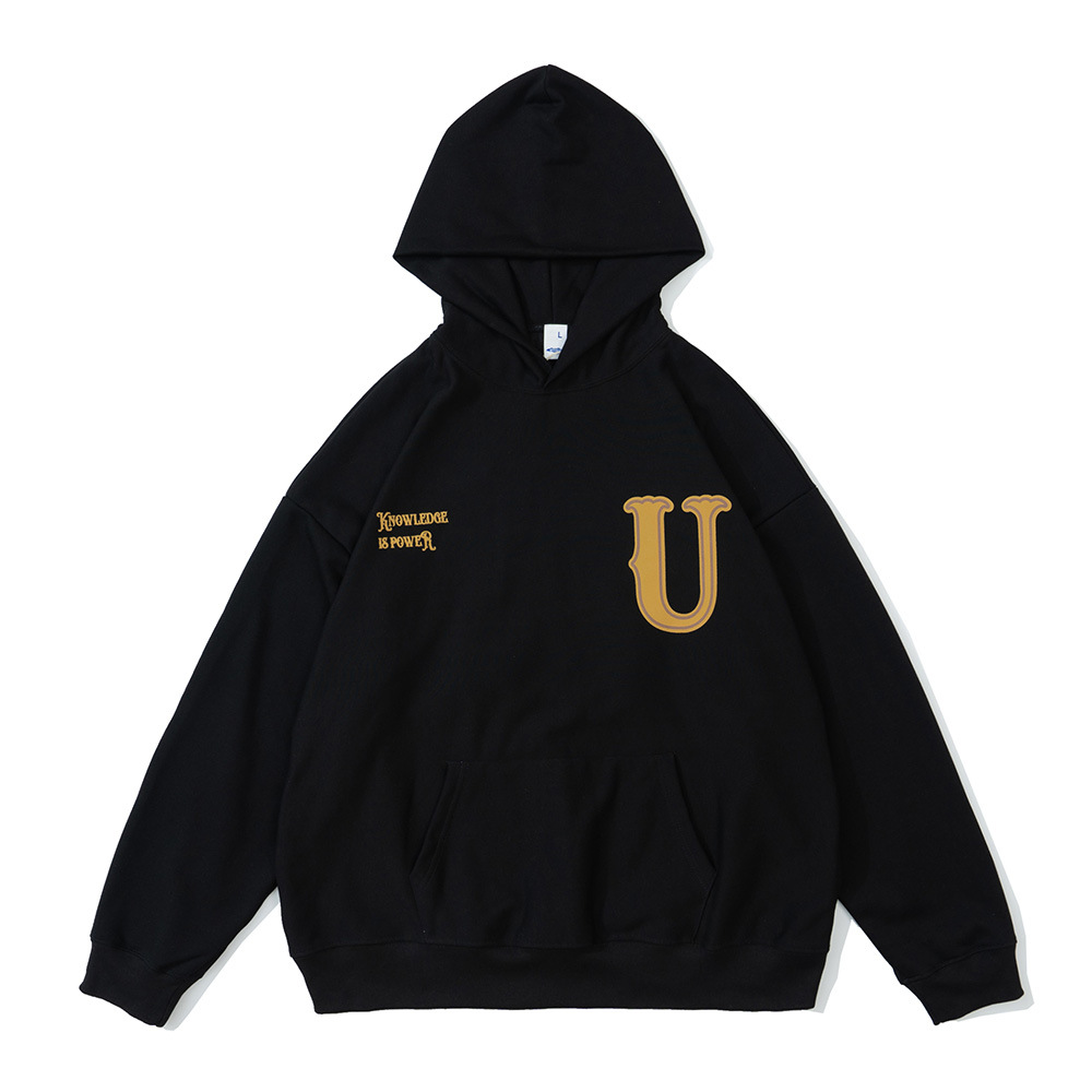 Men's Casual Sports Pullover Embroidered Rose Red Hooded Sweater