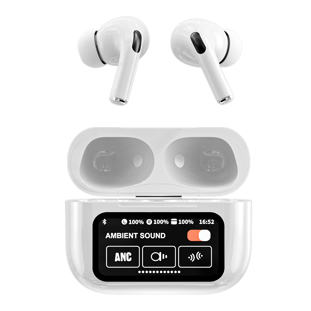 Wireless earbuds Bluetooth 5.3 with active noise cancellation and charging case.